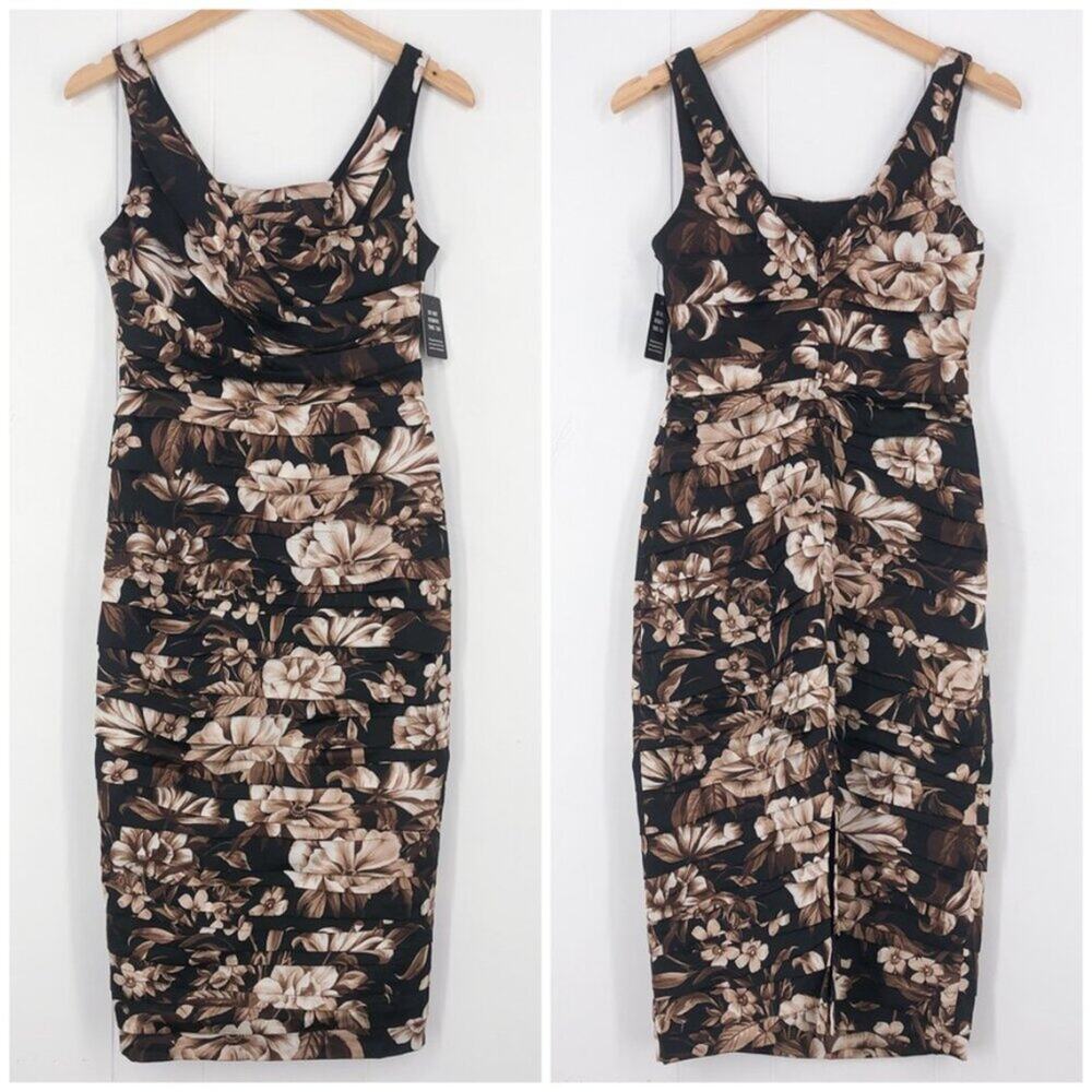 Express Floral Ruched Knee Length Dress Satin Special Occasion Size 4 Black Brwn